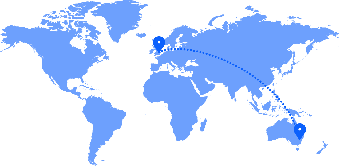 Illustration of a world map, two connecting markers between Australia and the UK
