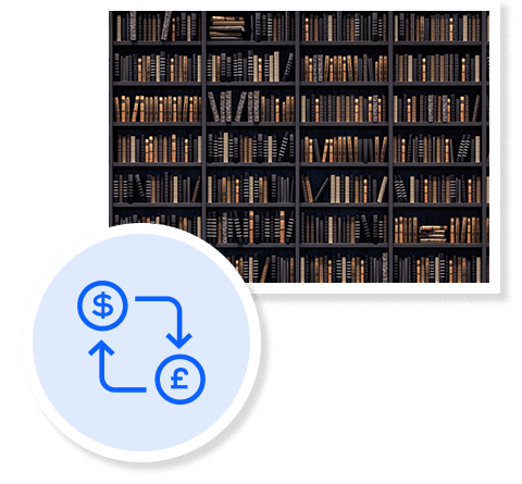 Old library bookshelf photo with currency symbol cycle icon