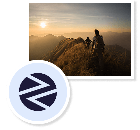 A photo of a group walking on a mountain ridge in front of the setting sun, Privalgo overlapping the photo