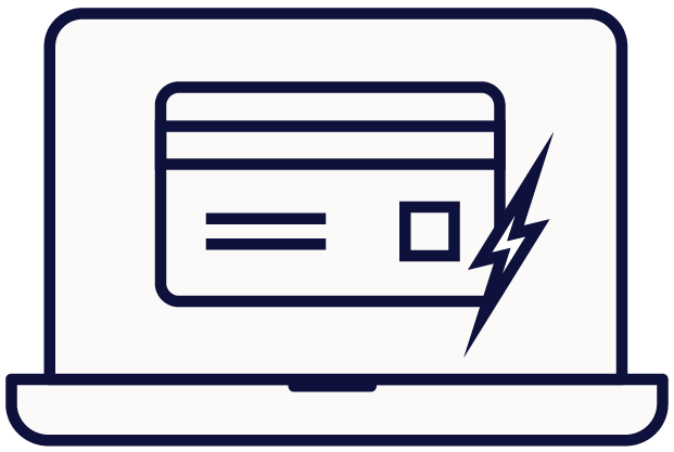 Illustration showing laptop screen with credit card and lightning bolt signifying fast international payments