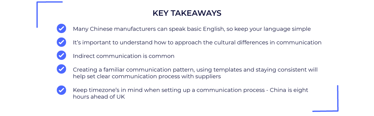 List of key takeaways for communication points required when importing from China to the UK