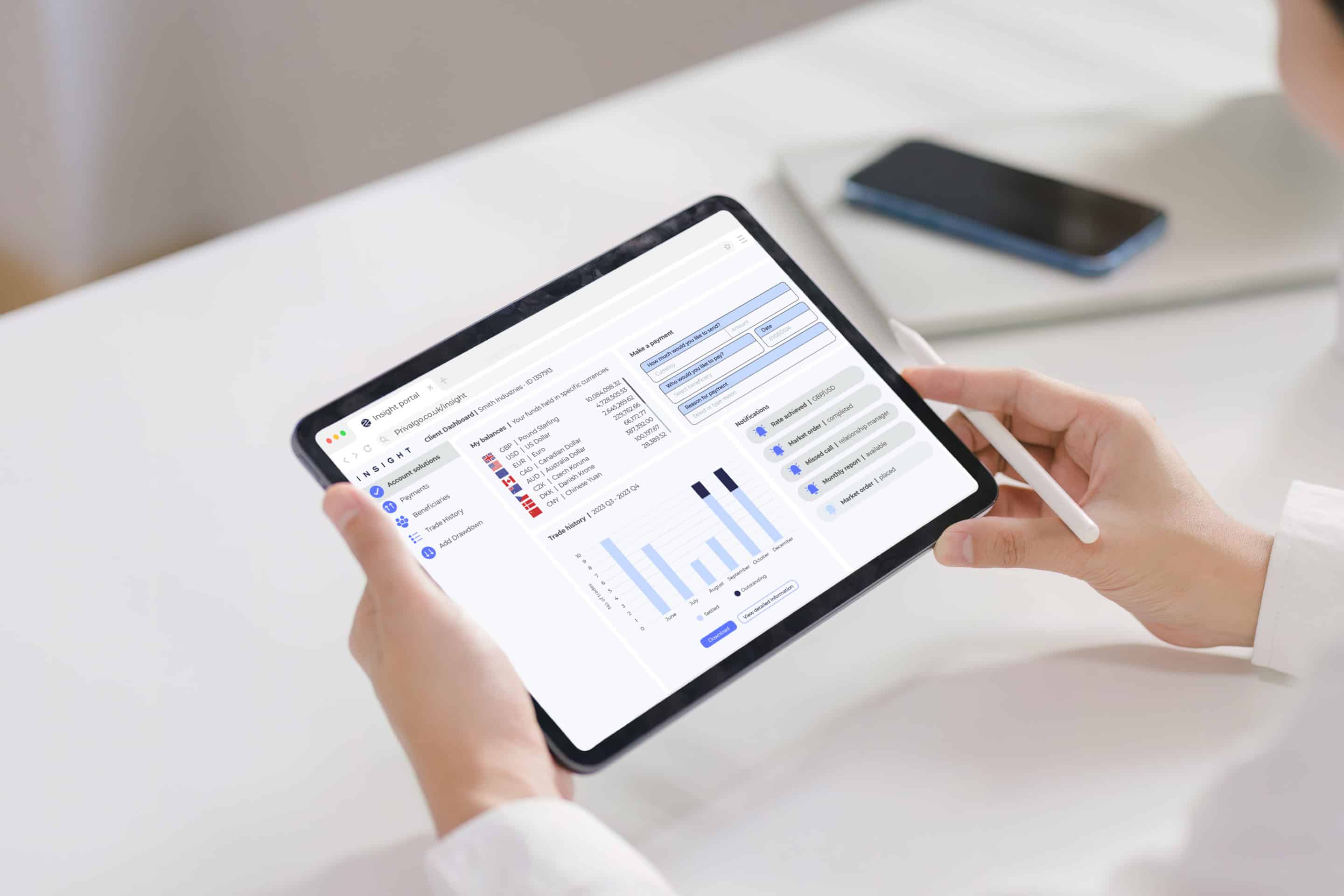 iPad showing Privalgo multi-currency account dashboard